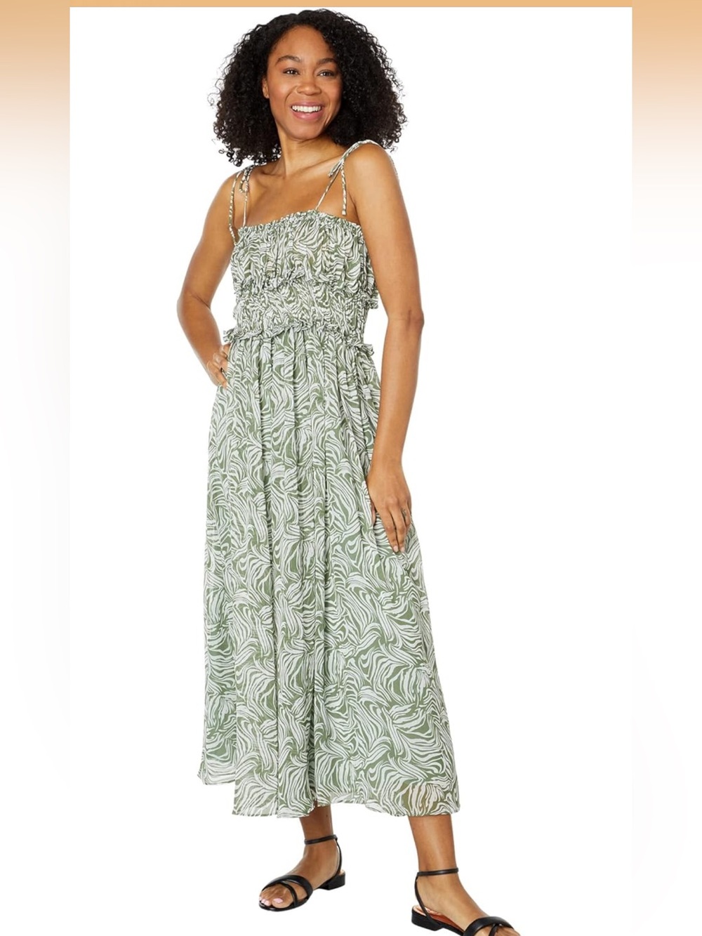 En Saison smocked Green and White Printed Tie-Shoulder Sundress